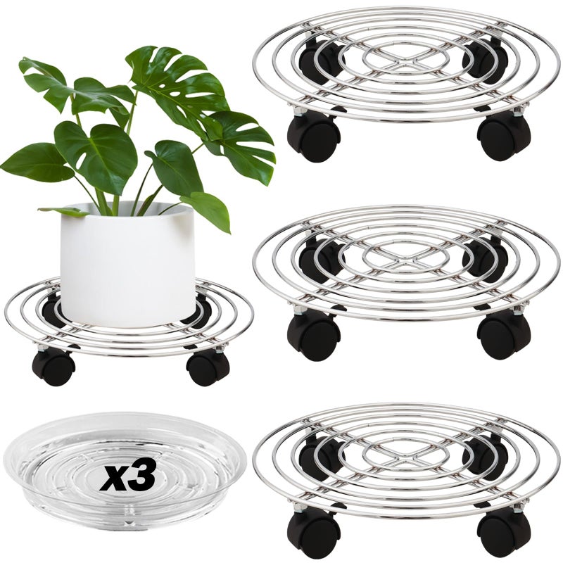 Planterhoma 3 Packs Metal Plant Caddy 13.8â€ Plant Dolly with Wheels Heavy-duty Wrought Iron Rolling Plant Stand with Casters Indoor and Outdoor Plant Pot Roller Base Plant Mover Saucers, Bright Silver - Image 1