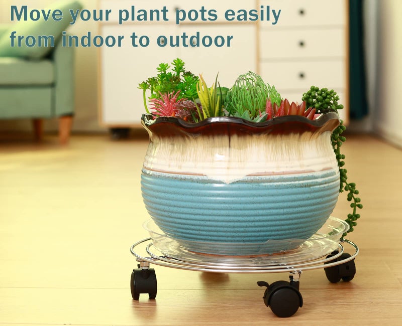 Planterhoma 3 Packs Metal Plant Caddy 13.8â€ Plant Dolly with Wheels Heavy-duty Wrought Iron Rolling Plant Stand with Casters Indoor and Outdoor Plant Pot Roller Base Plant Mover Saucers, Bright Silver - Image 4