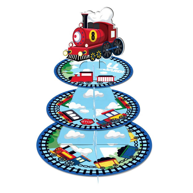 Lide Road 3Tier Train Cardboard Cupcake Stand  Birthday Party Supplies Round Dessert Cake Tower for Train Theme Baby Shower