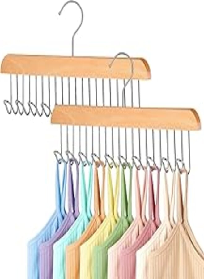 2 Pack Wood Hange With 8 Metal Hook,Bra, Belt And Clothes Hanger, Space Saving Tie Rack for Men Closet Organizers and Storage Hanging for Sport Bra, Belt, Tie, Scarf, Lingerie 
