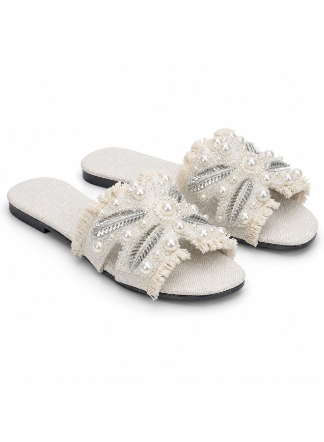 Women’s Flat Slippers, Summer Slide Sandals, Open Toe Square Toe Slip-On Shoes with Pearl Beads, Crystal Rhinestones, Silver Embellishments and Fringe – Off White – Code 5032 - Image 1