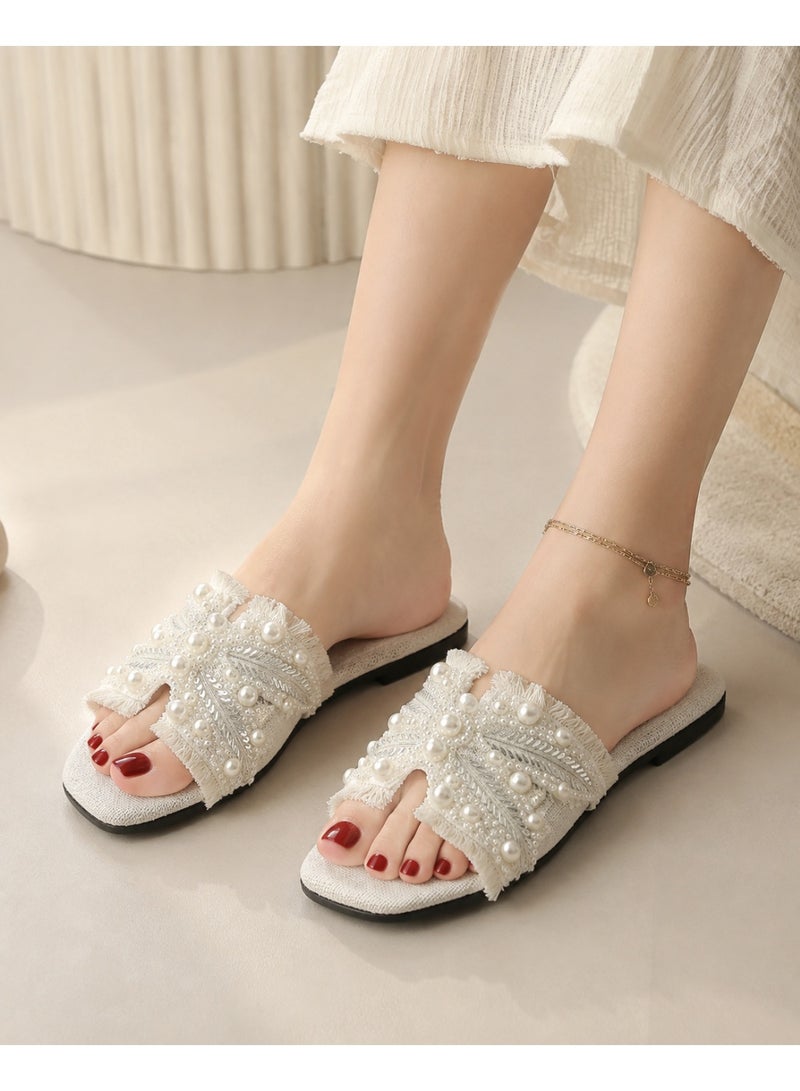 Women’s Flat Slippers, Summer Slide Sandals, Open Toe Square Toe Slip-On Shoes with Pearl Beads, Crystal Rhinestones, Silver Embellishments and Fringe – Off White – Code 5032 - Image 3