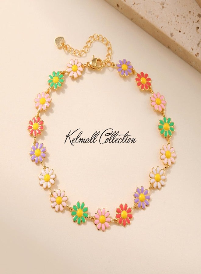 KELMALL 14K Gold Plated Colorful Daisy Anklet for Women - Boho Enamel Flower Adjustable Ankle Bracelet for Summer Beach Vacation Jewelry Gift - Image 4