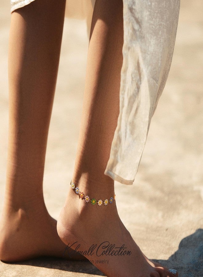 KELMALL 14K Gold Plated Colorful Daisy Anklet for Women - Boho Enamel Flower Adjustable Ankle Bracelet for Summer Beach Vacation Jewelry Gift - Image 3