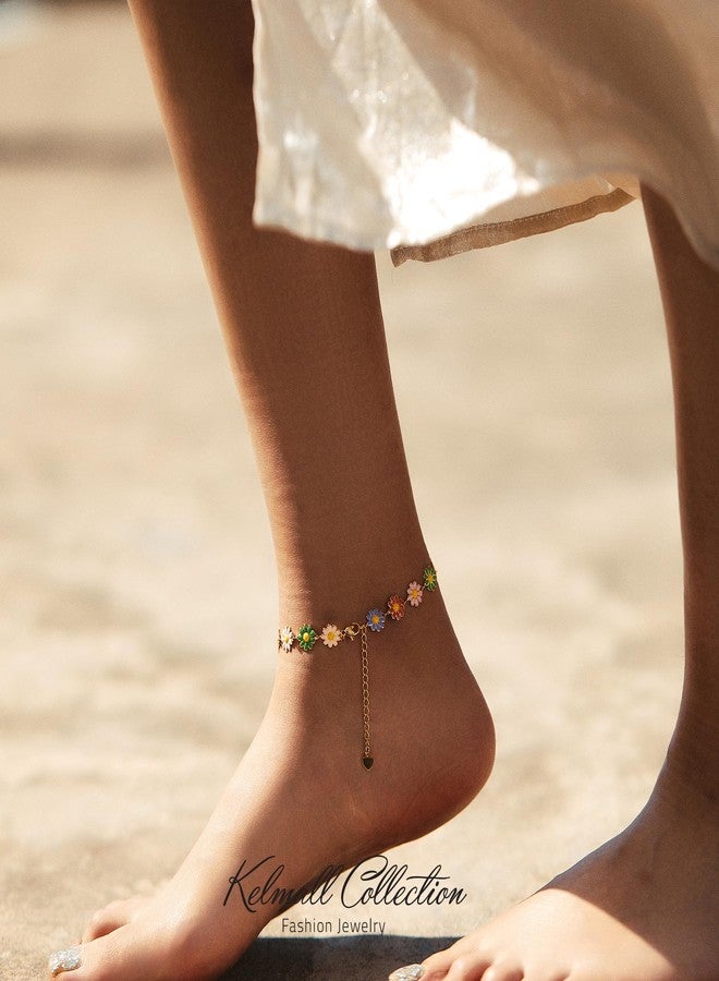 KELMALL 14K Gold Plated Colorful Daisy Anklet for Women - Boho Enamel Flower Adjustable Ankle Bracelet for Summer Beach Vacation Jewelry Gift - Image 2
