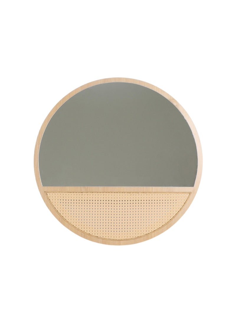 بكسل للأثاث مرآة حائط دائرية بتصميم الراتان وباطار وقاعدة خشب من بكسل الأثاث، لغرفة المعيشة والمداخل والتسريحة والحمام، 60 سم - Image 1