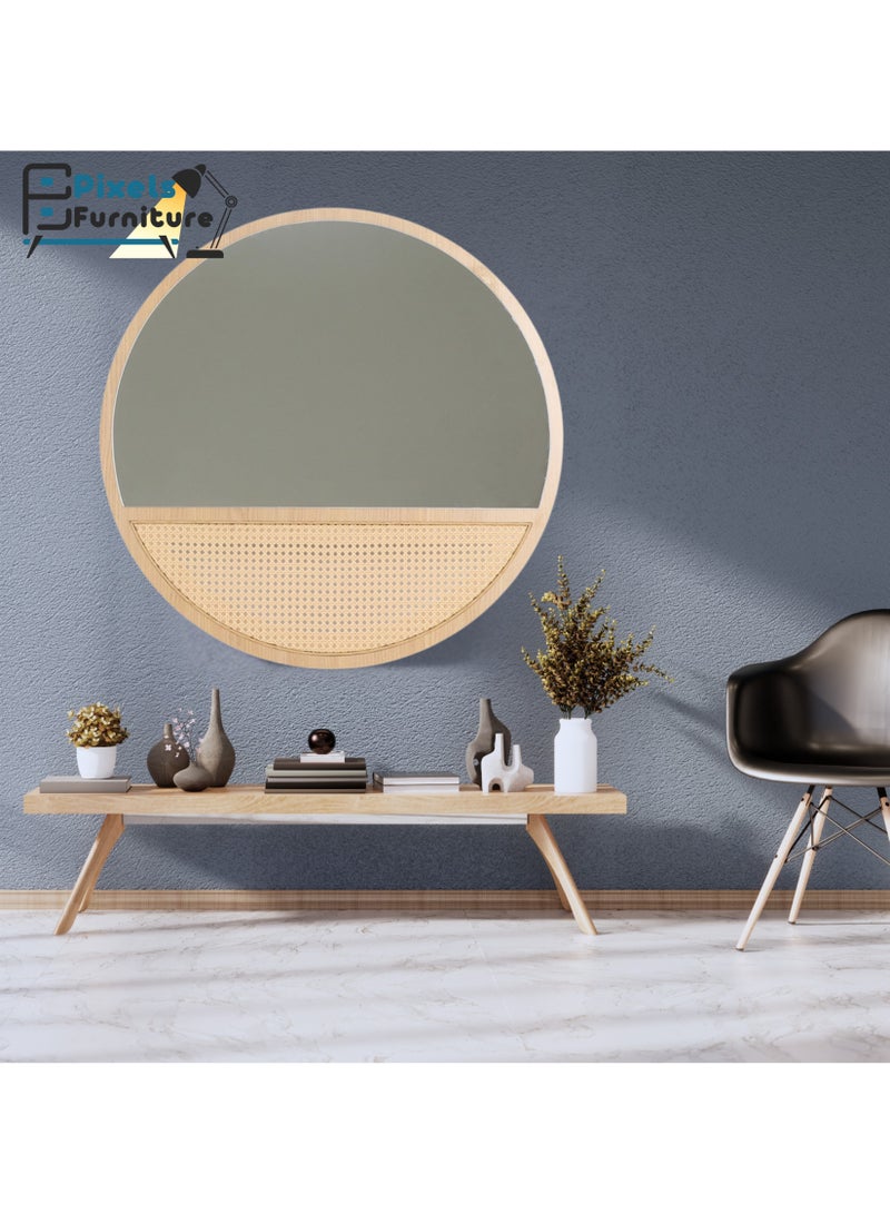 بكسل للأثاث مرآة حائط دائرية بتصميم الراتان وباطار وقاعدة خشب من بكسل الأثاث، لغرفة المعيشة والمداخل والتسريحة والحمام، 60 سم - Image 3