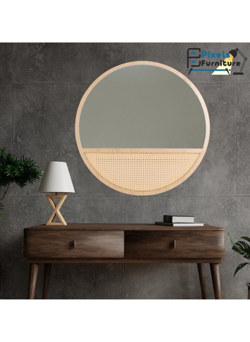 بكسل للأثاث مرآة حائط دائرية بتصميم الراتان وباطار وقاعدة خشب من بكسل الأثاث، لغرفة المعيشة والمداخل والتسريحة والحمام، 60 سم - Image 4