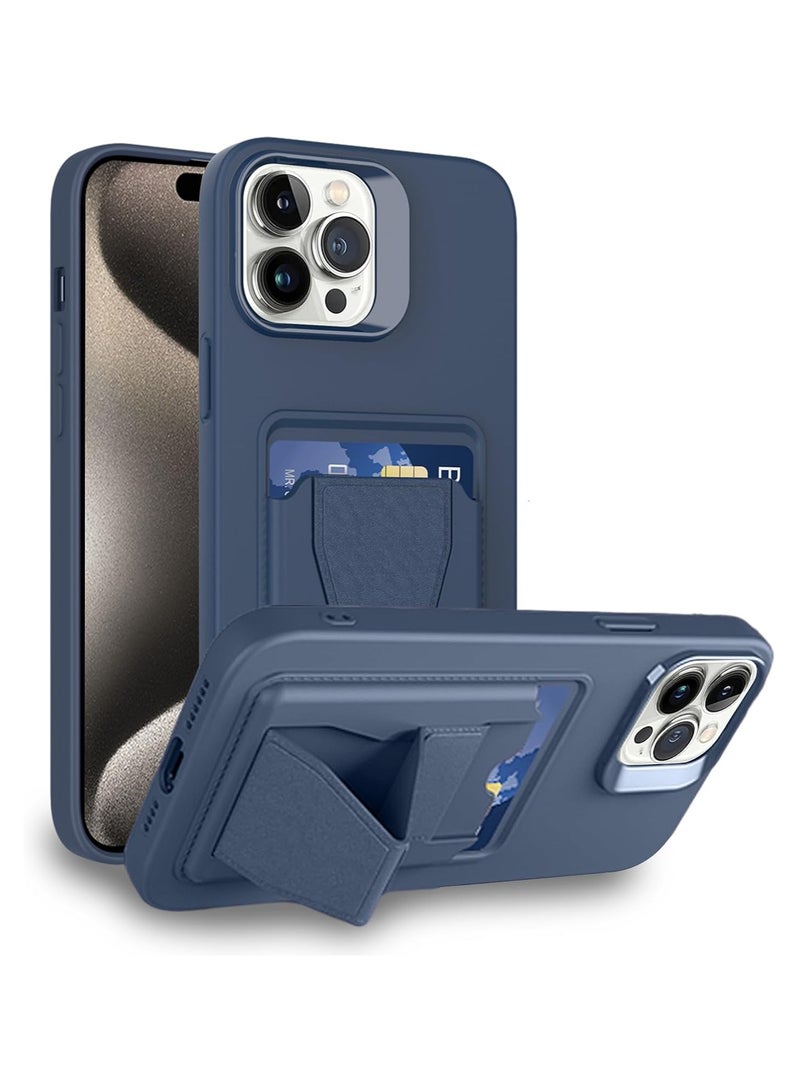 DUSALA Leather Card Holder Case Compatible with iPhone 15 Pro Max 6.7 inch, Shockproof Leather Back Card Storage Plus Phone Stand (Navy Blue) - Image 1