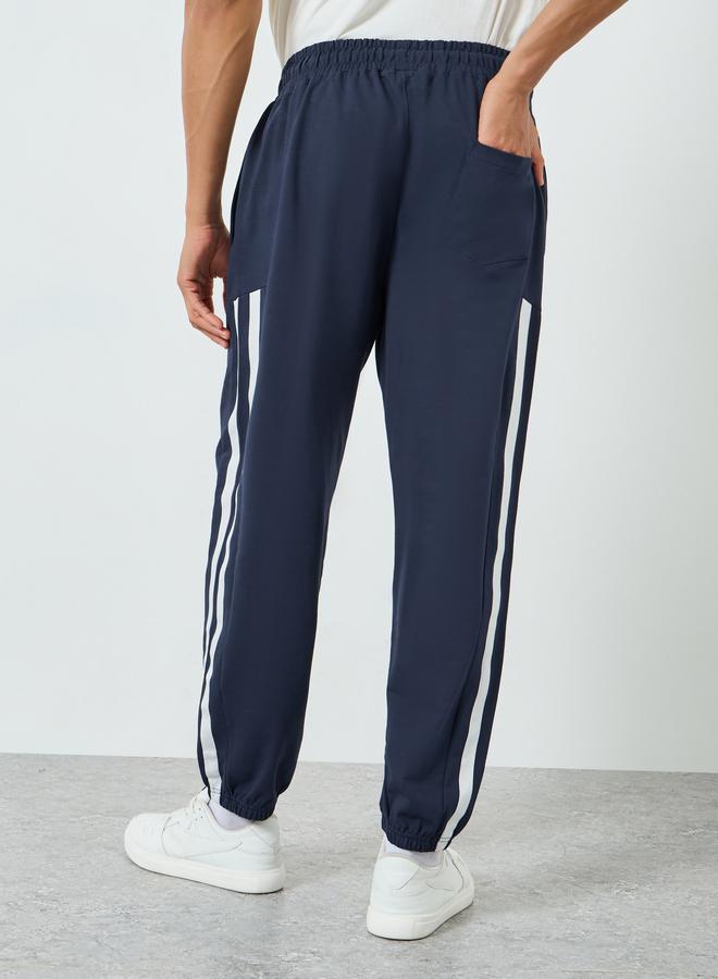 Styli Men Navy Blue Side Striped Panel Relaxed Fit Terry Joggers - Image 4