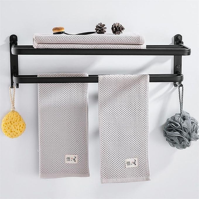 LUXIUR Stainless Steel Folding Towel Rack for Bathroom/Towel Stand for Bathroom Accessories and Fittings Optimal Storage, with Sleek Black Finish - Durable 18 Inch - Image 2