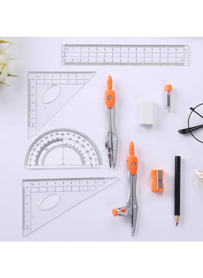 مجموعة أدوات هندسة الرياضيات من 10 قطع مع صندوق تخزين مقاوم للكسر، تتضمن مسطرة ومنقلة وبوصلة للرسم والرسم (برتقالي) - Image 5