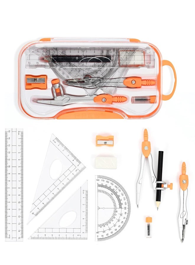 مجموعة أدوات هندسة الرياضيات من 10 قطع مع صندوق تخزين مقاوم للكسر، تتضمن مسطرة ومنقلة وبوصلة للرسم والرسم (برتقالي) - Image 1