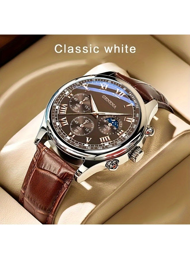 GENEVA High Quality Men's Luxury Belt Fashion Quartz Watch Men Round Business Student Sport Waterproof Glow Clock - Image 4