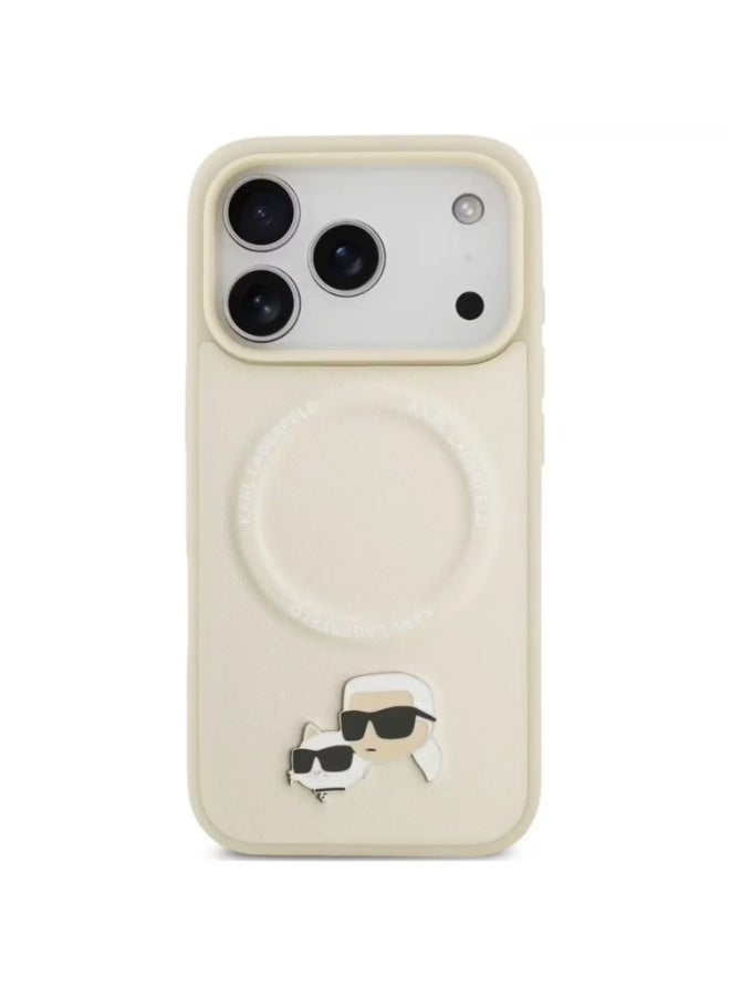 كارل لاغرفيلد جراب كارل لاغرفيلد ماج سيف الجلدي، لون بيج، لجهاز آيفون 17 برو ماكس – KLOHMP17XPSMLRKCE - Image 1