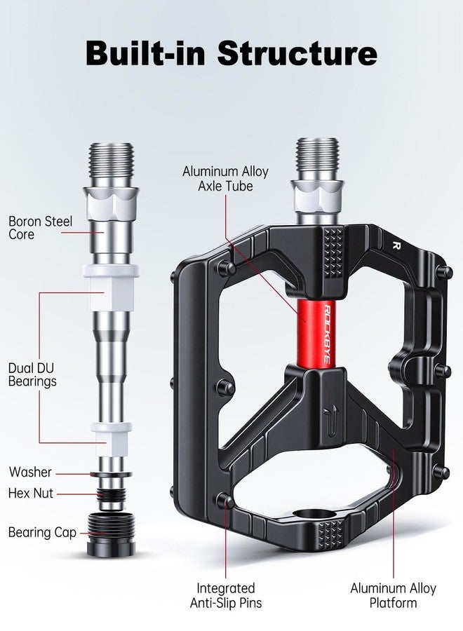 YBLNTEK Road/Mountain Bike Pedals, 9/16" Aluminum Alloy MTB Flat Pedals with Dual DU Bearings & 12 Non-Slip Pins, Wide Platform Bicycle Pedals for Road, Mountain, BMX, Ebike Bikes - Image 2