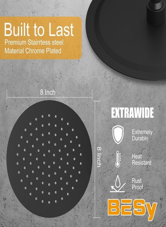 BESy رأس دش مطري BESy مقاس 8 بوصة، دش دائري مطري مقاس 8" وضغط عالي من الفولاذ المقاوم للصدأ، رقيق جداً بمقدار 1/16"، تغطية كاملة للجسم بتقنية الشلال مع فوهة سيليكون، تشطيب أسود غير لامع - Image 5