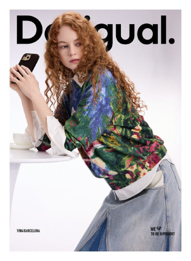 DESIGUAL ss25 Floral Print Oversized Round Neck Women's Knit Top - Image 1