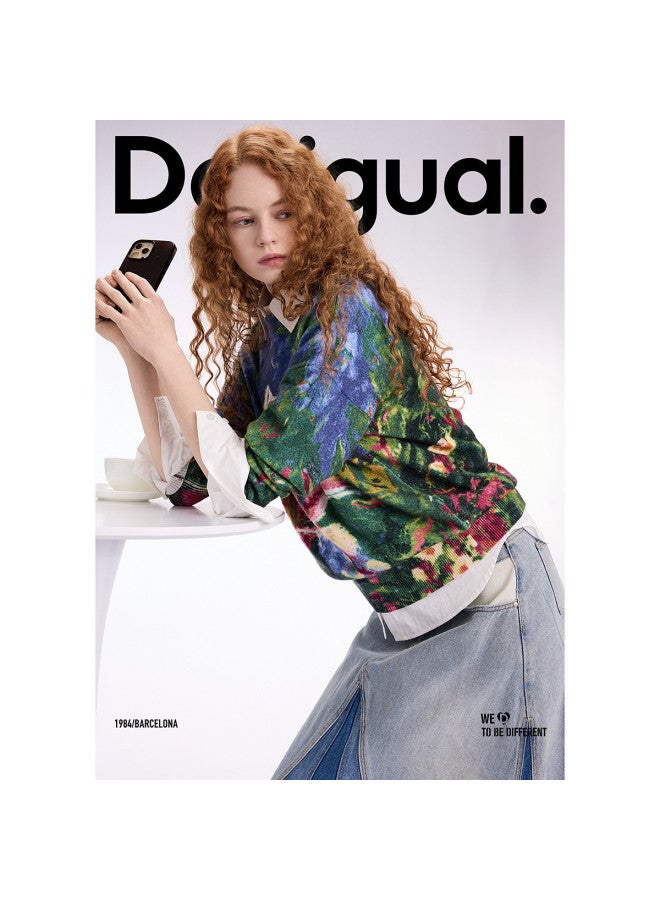 DESIGUAL ss25 Floral Print Oversized Round Neck Women's Knit Top - Image 2