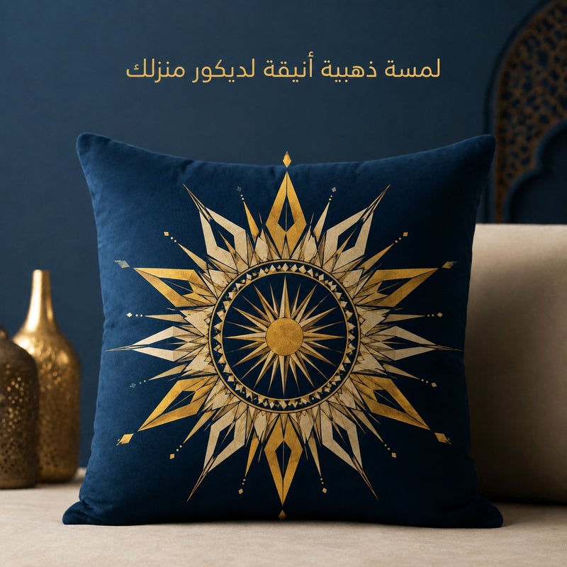 Navy Blue and Gold Geometric Sunburst Cushion Cover, Luxury Modern Decorative Pillow Cover for Sofa, Bedroom, Living Room and Gift Decor - Image 1