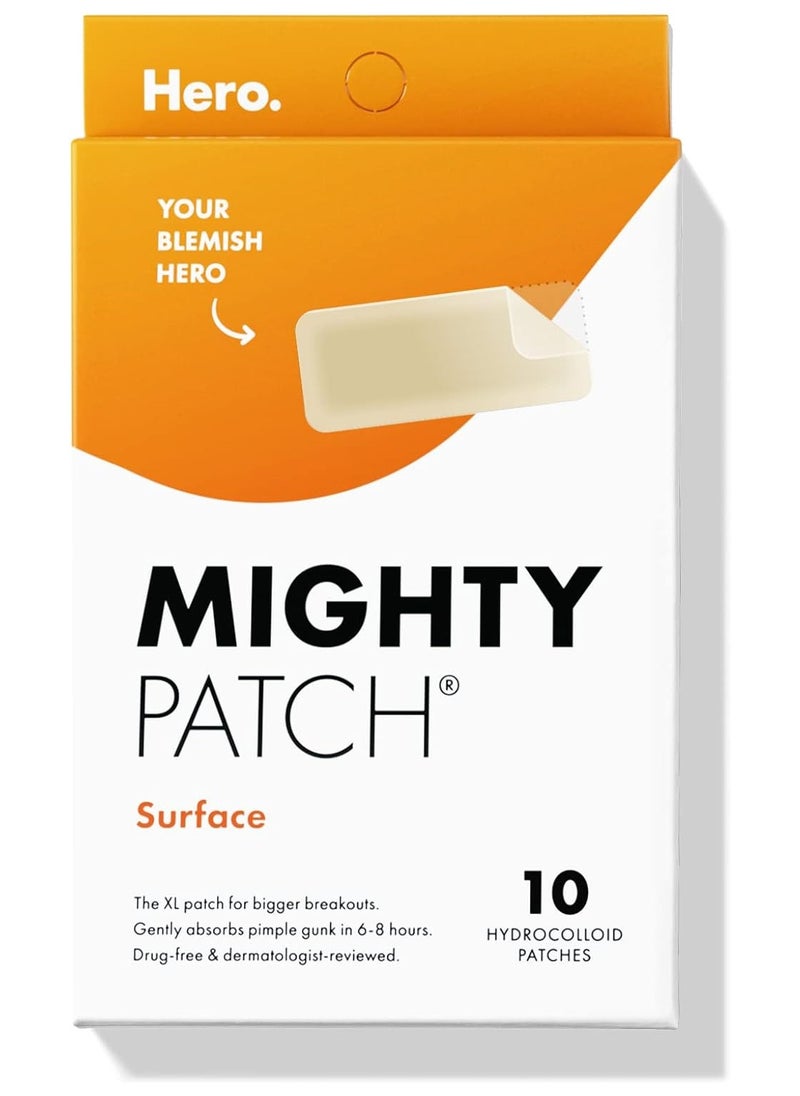 Hero Cosmetics Mighty Patch Surface - Hydrocolloid Large Acne Pimple Patch Spot Treatment (10 count) for Body and Larger Breakouts on Cheek, Forehead, Chin, Vegan, Cruelty-Free, 50% Better Absorption  - Image 1