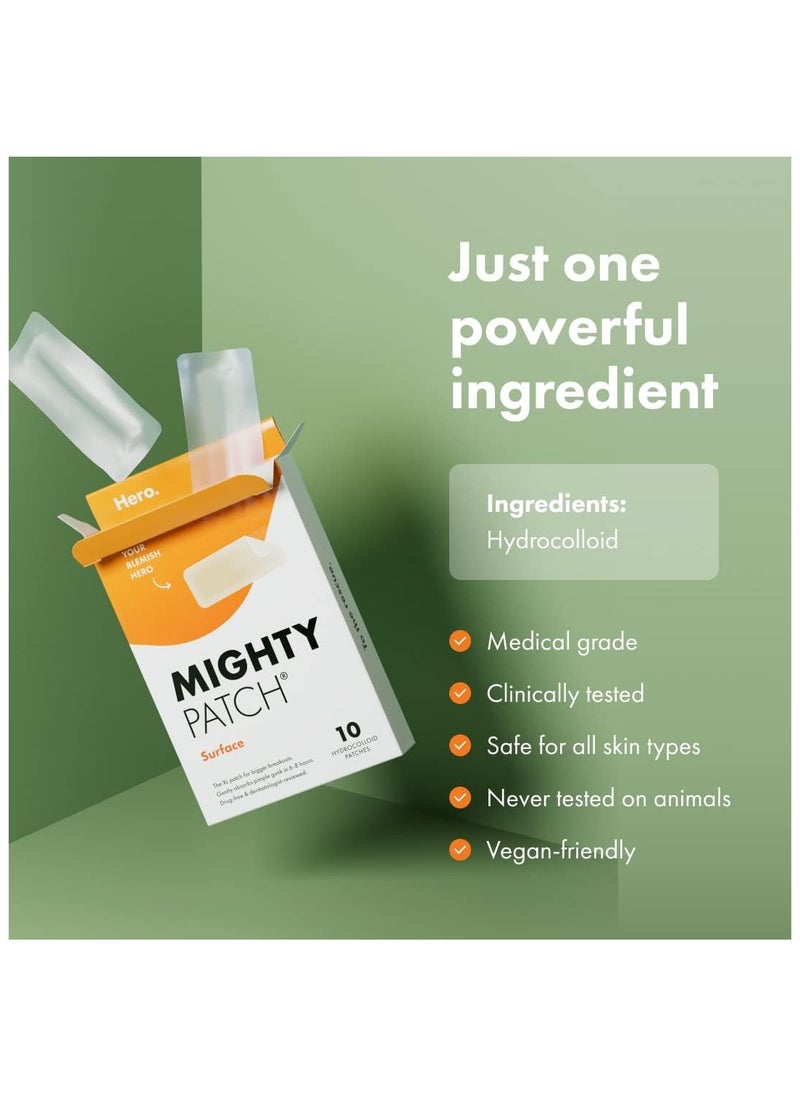 Hero Cosmetics Mighty Patch Surface - Hydrocolloid Large Acne Pimple Patch Spot Treatment (10 count) for Body and Larger Breakouts on Cheek, Forehead, Chin, Vegan, Cruelty-Free, 50% Better Absorption  - Image 2
