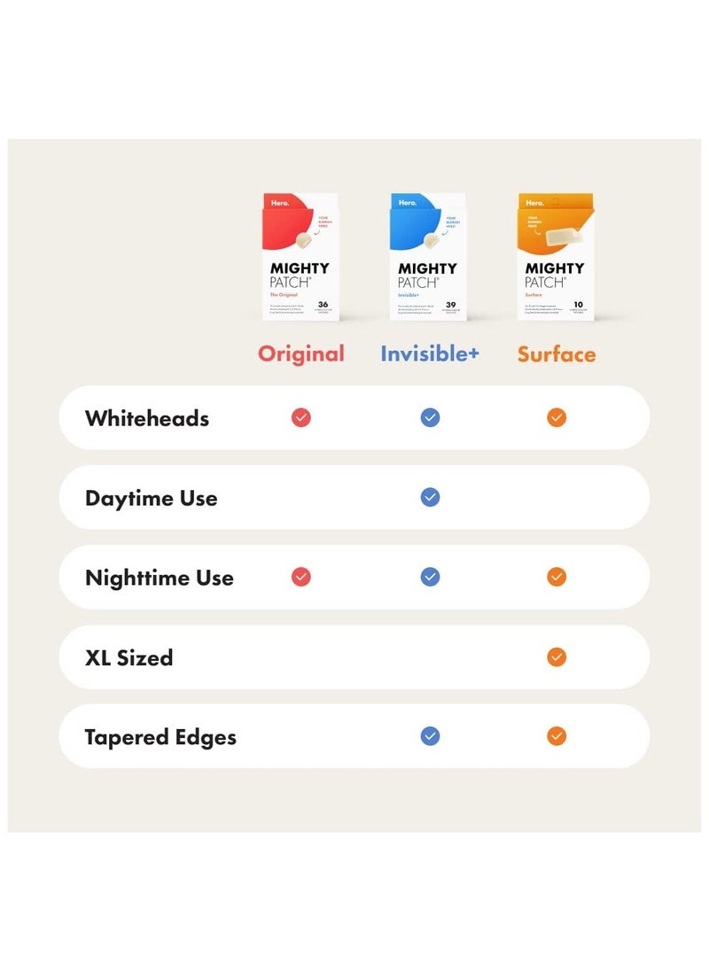 Hero Cosmetics Mighty Patch Surface - Hydrocolloid Large Acne Pimple Patch Spot Treatment (10 count) for Body and Larger Breakouts on Cheek, Forehead, Chin, Vegan, Cruelty-Free, 50% Better Absorption  - Image 4
