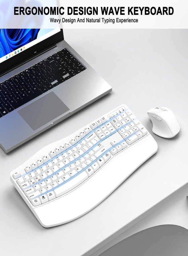 ULSOU Wireless Keyboard and Mouse Combo, 2.4G Full Size Wave Keys Ergonomic Keyboard with Wrist Rest and 3-Level DPI Adjustable Wireless Ergonomic Mouse for Windows, Mac OS Desktop/Laptop/PC(White) - Image 2
