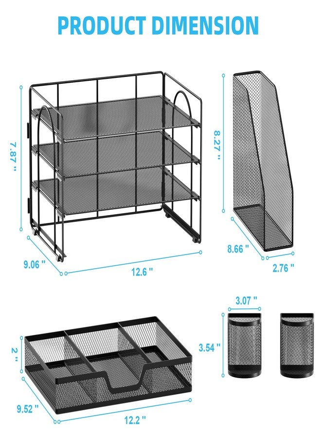 Marbrasse Desk Organizer and Accessories，4-Tier Paper Letter Tray Organizer with File Holder, Desk Accessories & Workspace Organizers with Drawer and 2 Pen Holder (Black, 15.4" x 9.1" x 8.3") - Image 4