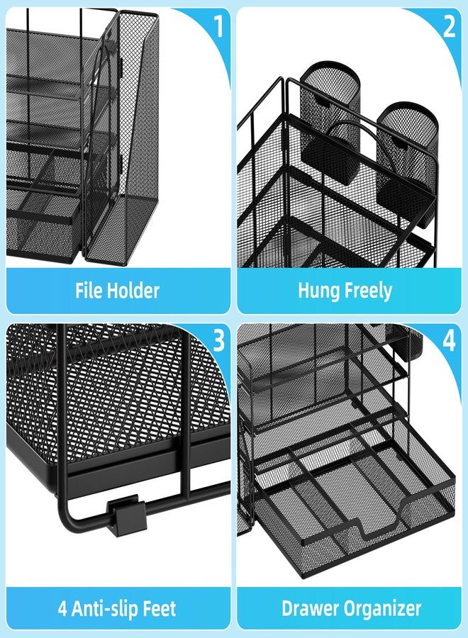 Marbrasse Desk Organizer and Accessories，4-Tier Paper Letter Tray Organizer with File Holder, Desk Accessories & Workspace Organizers with Drawer and 2 Pen Holder (Black, 15.4" x 9.1" x 8.3") - Image 3