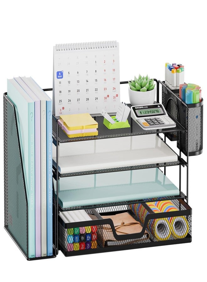 Marbrasse Desk Organizer and Accessories，4-Tier Paper Letter Tray Organizer with File Holder, Desk Accessories & Workspace Organizers with Drawer and 2 Pen Holder (Black, 15.4" x 9.1" x 8.3") - Image 1