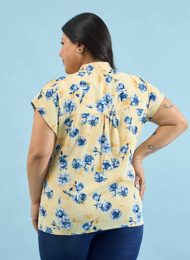 SASSAFRAS Yellow Plus Floral Mandarin Collar Regular Top - Image 4