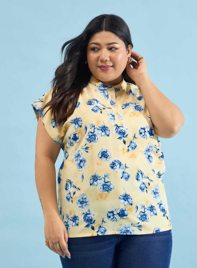SASSAFRAS Yellow Plus Floral Mandarin Collar Regular Top - Image 5