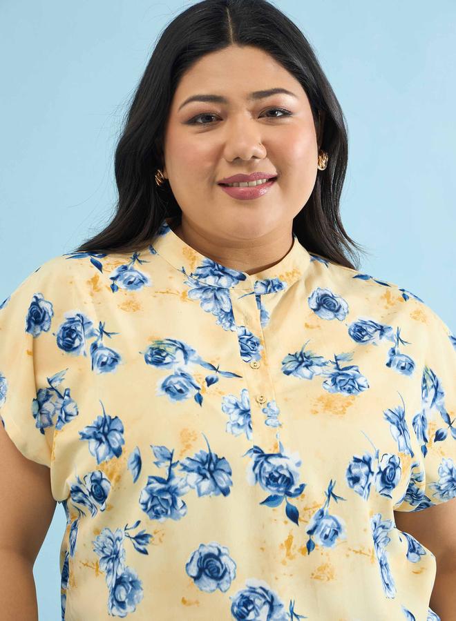 SASSAFRAS Yellow Plus Floral Mandarin Collar Regular Top - Image 3