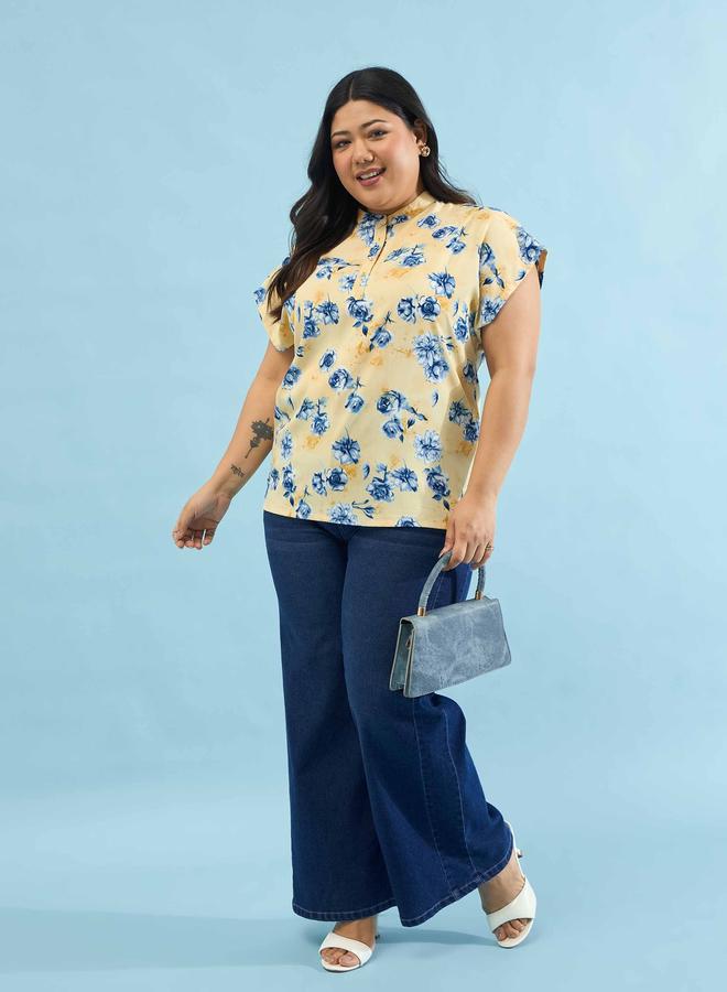 SASSAFRAS Yellow Plus Floral Mandarin Collar Regular Top - Image 2