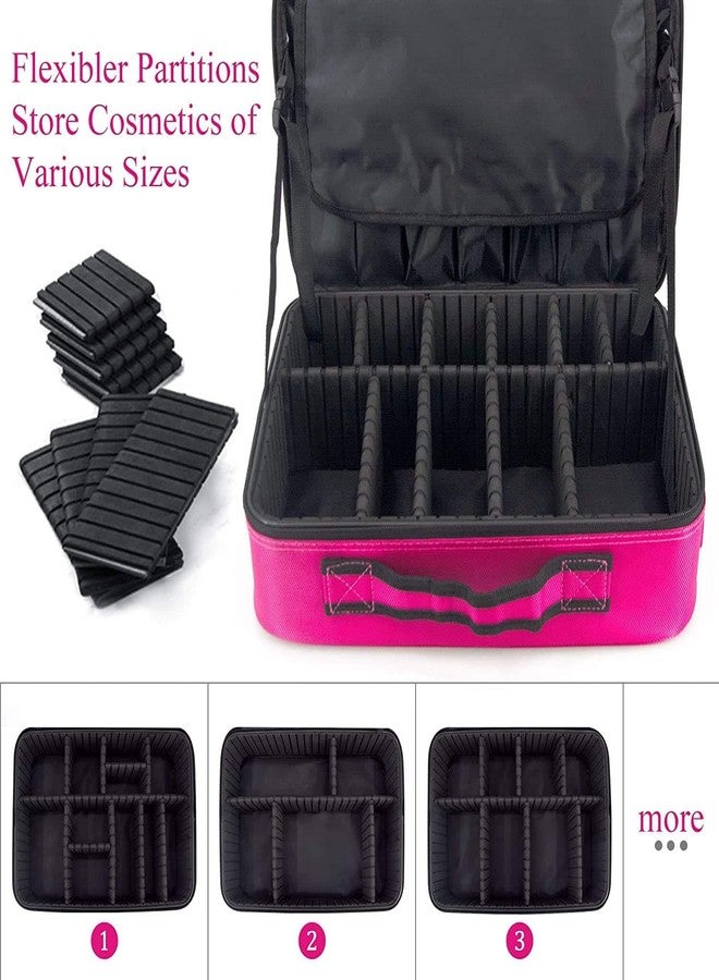 SHAMAX® Professional Makeup Organizer Bag for Women, Large Capacity Travel Cosmetic Case with Adjustable Dividers, Brush Holders & Shoulder Strap– Waterproof PU Leather Makeup Storage Bag (Pink) - Image 4