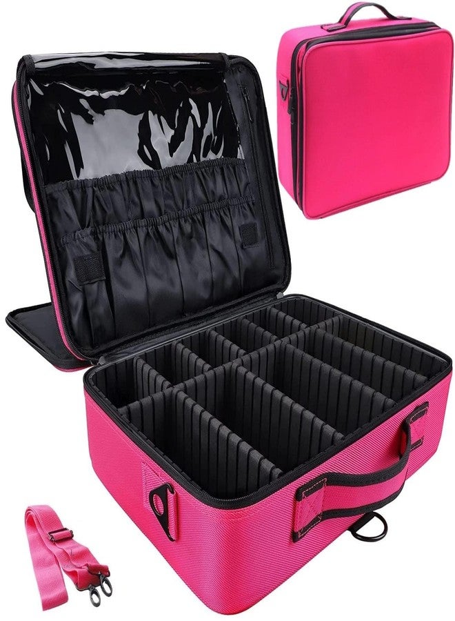SHAMAX® Professional Makeup Organizer Bag for Women, Large Capacity Travel Cosmetic Case with Adjustable Dividers, Brush Holders & Shoulder Strap– Waterproof PU Leather Makeup Storage Bag (Pink) - Image 1