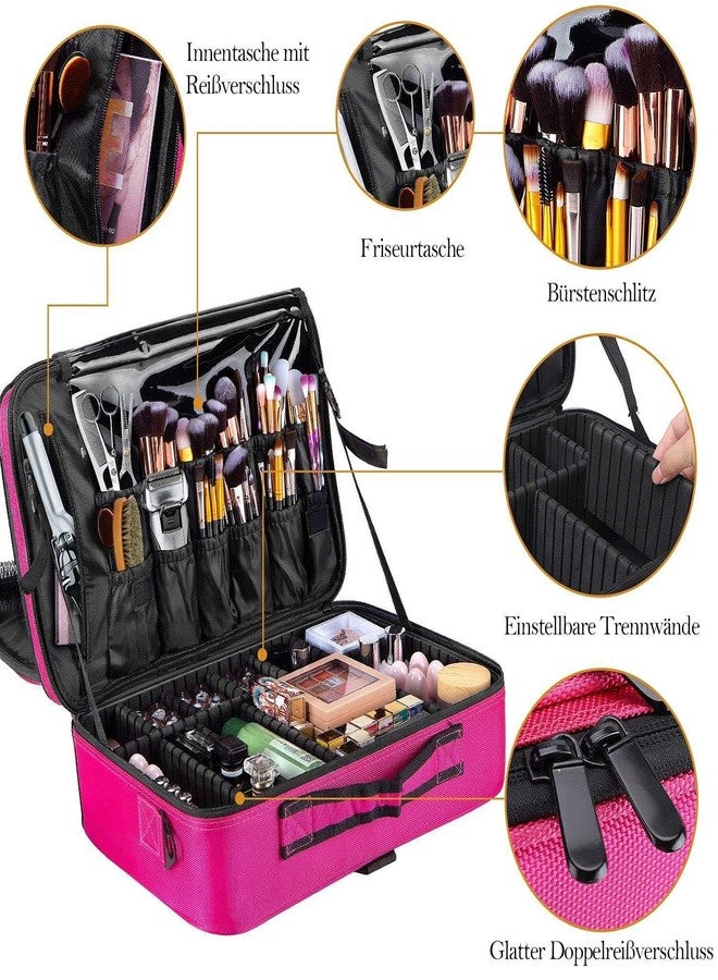 SHAMAX® Professional Makeup Organizer Bag for Women, Large Capacity Travel Cosmetic Case with Adjustable Dividers, Brush Holders & Shoulder Strap– Waterproof PU Leather Makeup Storage Bag (Pink) - Image 5