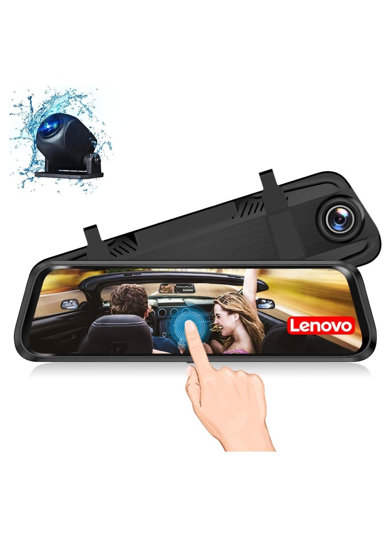 Lenovo Lenovo Mirror Dash Cam, Backup Camera 9.66 Inch Mirror Dash Screen, 1080P Cam Touch Full Screen Rearview Front and Rear Dual Lens, Waterproof Full HD Camera Touch Screen HR06A  - Image 1