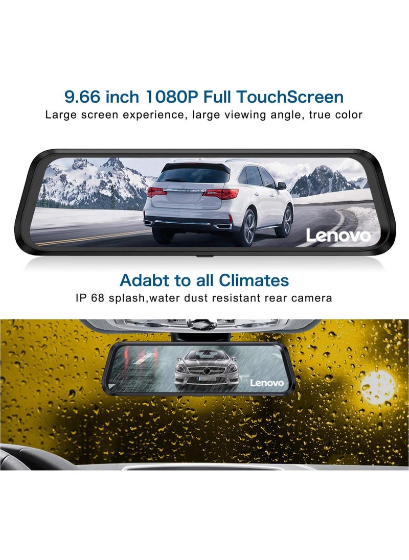 Lenovo Lenovo Mirror Dash Cam, Backup Camera 9.66 Inch Mirror Dash Screen, 1080P Cam Touch Full Screen Rearview Front and Rear Dual Lens, Waterproof Full HD Camera Touch Screen HR06A  - Image 2