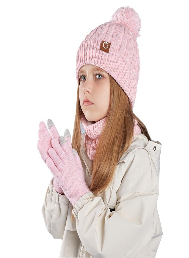 Cmonie Kids Winter Hat Gloves Scarf Set,Girl Toddler Beanie Warm Fleece Beanie Knit Neck Scarf Mittens For Children 3-12 Years (3 Piece Set-B-Pink) - Image 1