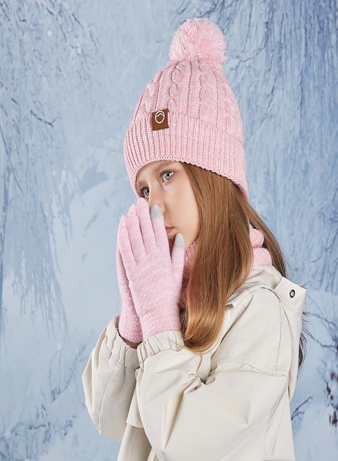Cmonie Kids Winter Hat Gloves Scarf Set,Girl Toddler Beanie Warm Fleece Beanie Knit Neck Scarf Mittens For Children 3-12 Years (3 Piece Set-B-Pink) - Image 2