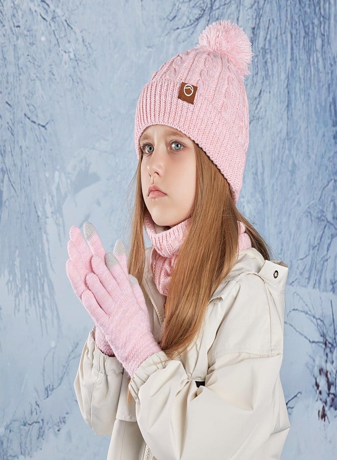 Cmonie Kids Winter Hat Gloves Scarf Set,Girl Toddler Beanie Warm Fleece Beanie Knit Neck Scarf Mittens For Children 3-12 Years (3 Piece Set-B-Pink) - Image 4