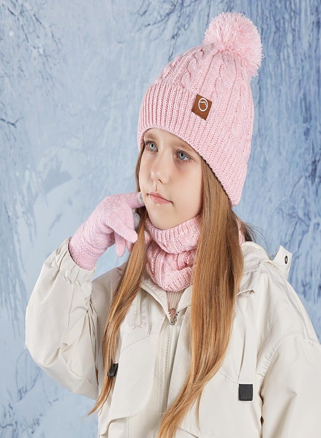 Cmonie Kids Winter Hat Gloves Scarf Set,Girl Toddler Beanie Warm Fleece Beanie Knit Neck Scarf Mittens For Children 3-12 Years (3 Piece Set-B-Pink) - Image 5