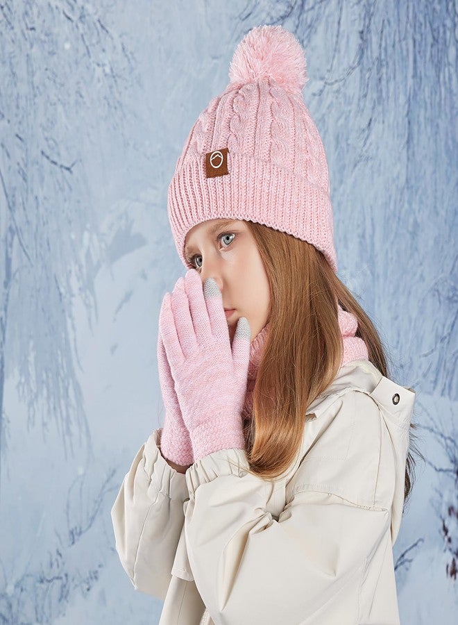 Cmonie Kids Winter Hat Gloves Scarf Set,Girl Toddler Beanie Warm Fleece Beanie Knit Neck Scarf Mittens For Children 3-12 Years (3 Piece Set-B-Pink) - Image 3