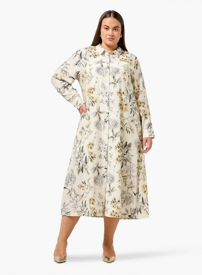 Ulla Popken Ulla Popken Plus Size Floral Print Women Shirt Dress with Button Down Placket