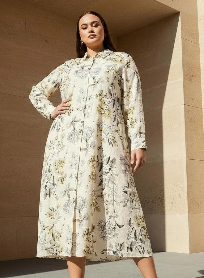 Ulla Popken Ulla Popken Plus Size Floral Print Women Linen Blend Shirt Dress