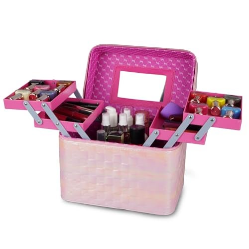 SHAMAX Cosmetic Bridal Make Up Box Trousseau Box Vanity Beauty Case Organizer for Wedding Makeup Box 4 Trays Foldable, Vanity Case (Large) Dual Zipper & Hd Mirror Mini Luggage (Baby Pink) - Image 5