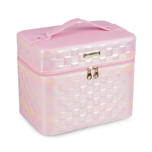 SHAMAX Cosmetic Bridal Make Up Box Trousseau Box Vanity Beauty Case Organizer for Wedding Makeup Box 4 Trays Foldable, Vanity Case (Large) Dual Zipper & Hd Mirror Mini Luggage (Baby Pink) - Image 1