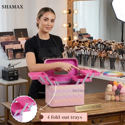 SHAMAX Cosmetic Bridal Make Up Box Trousseau Box Vanity Beauty Case Organizer for Wedding Makeup Box 4 Trays Foldable, Vanity Case (Large) Dual Zipper & Hd Mirror Mini Luggage (Baby Pink) - Image 4